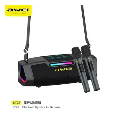 AWEI KT28 Karaoke Wireless Bluetooth Speaker With Dual Wireless Mic Outdoor Portable RGB HiFi Audio USB Player System